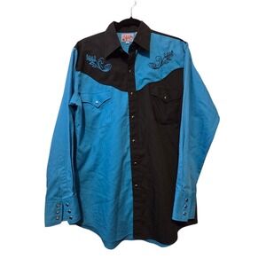 Vtg 80s Ely Diamond Western Pearl Snap Shirt Men MED Teal Black Cowboy USA Rodeo